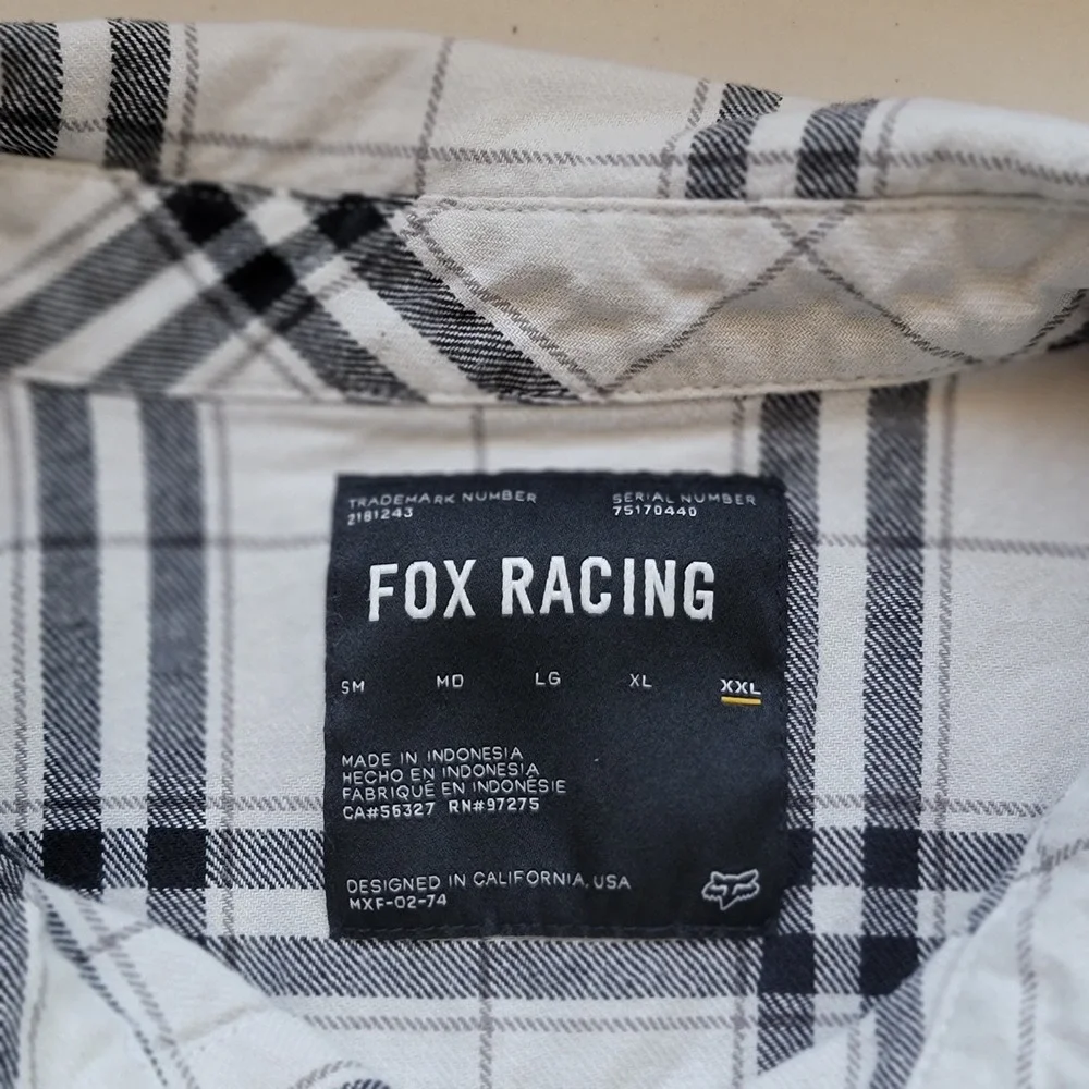 Fox Racing Flannel Shirt Mens XXL White Black Plaid Long Sleeve Cotton